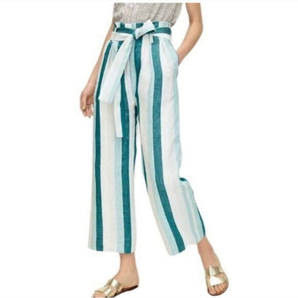 J. Crew Pants - J.CREW Paper Bag Linen Pant In Cabana Stripe Women's Size10 Turquoise Jade White